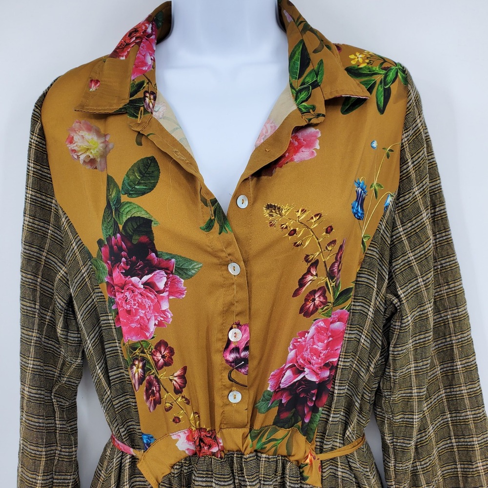 Alembika Floral Plaid Mixed Media Midi Dress Brown 4 Lagenlook Artsy Cottagecore - Picture 5 of 13